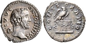 Divus Antoninus Pius, died 161. Denarius (Silver, 18 mm, 2.86 g, 6 h), Rome, struck under Marcus Aurelius. DIVVS ANTONINVS Bare head of Divus Antoninu...