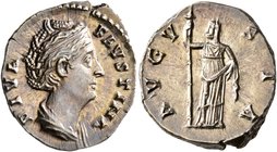 Diva Faustina Senior, died 140/1. Denarius (Silver, 18 mm, 3.07 g, 6 h), Rome. DIVA FAVSTINA Diademed and draped bust of Diva Faustina to right. Rev. ...