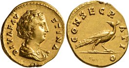 Diva Faustina Senior, died 140/1. Aureus (Gold, 20 mm, 7.31 g, 6 h), Rome. DIVA FAVSTINA Draped bust of Diva Faustina Senior to right. Rev. CONSECRATI...