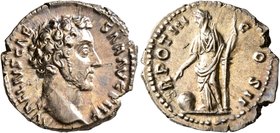 Marcus Aurelius, as Caesar, 139-161. Denarius (Silver, 19 mm, 3.19 g, 6 h), Rome, 148-149. AVRELIVS CAESAR AVG PII F Bare head of Marcus Aurelius to r...