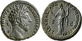 Marcus Aurelius, 161-180. As (Copper, 25 mm, 11.84 g, 6 h), Rome, 164-165. M ANTONINVS AVG ARMENIACVS P M Laureate head of Marcus Aurelius to right. R...