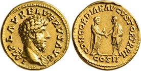 Lucius Verus, 161-169. Aureus (Gold, 18 mm, 7.23 g, 6 h), Rome, 161-162. IMP L AVREL VERVS AVG Bare head of Lucius Verus to right, wearing aegis on hi...