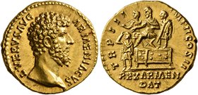Lucius Verus, 161-169. Aureus (Gold, 19 mm, 7.34 g, 1 h), Rome, 164. L•VERVS AVG ARMENIACVS Bare head of Lucius Verus to right. Rev. TR P IIII IMP II ...