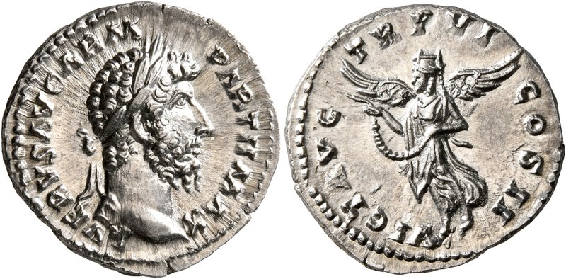 Lucius Verus, 161-169. Denarius (Silver, 19 mm, 3.55 g, 12 h), Rome, December 16...