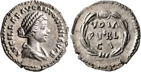 Lucilla, Augusta, 164-182. Denarius (Silver, 19 mm, 3.31 g, 1 h), Rome, 161-162. LVCILLAE AVG ANTONINI AVG F Draped bust of Lucilla to right. Rev. VOT...