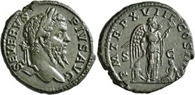 Septimius Severus, 193-211. As (Copper, 25 mm, 9.00 g, 5 h), Rome, 210. SEVERVS PIVS AVG Laureate head of Septimius Severus to right. Rev. P M TR P XV...