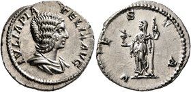 Julia Domna, Augusta, 193-217. Denarius (Silver, 19 mm, 3.11 g, 2 h), Rome. IVLIA PIA FELIX AVG Draped bust of Julia Domna to right. Rev. VESTA Vesta ...