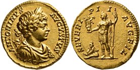 Caracalla, 198-217. Aureus (Gold, 20 mm, 7.28 g, 12 h), Rome, 199-200. ANTONINVS AVGVSTVS Laureate, draped and cuirassed bust of Caracalla to right. R...
