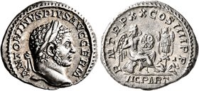 Caracalla, 198-217. Denarius (Silver, 19 mm, 3.08 g, 1 h), Rome, 217. ANTONINVS PIVS AVG GERM Laureate head of Caracalla to right. Rev. P M TR P XX CO...