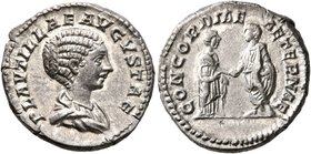 Plautilla, Augusta, 202-205. Denarius (Silver, 19 mm, 3.22 g, 1 h), Rome. PLAVTILLAE AVGVSTAE Draped bust of Plautilla to right. Rev. CONCORDIAE AETER...