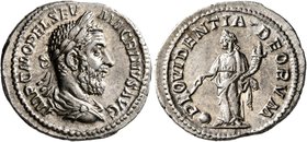 Macrinus, 217-218. Denarius (Silver, 20 mm, 2.95 g, 6 h), Rome, March-June 218. IMP C M OPEL SEV MACRINVS AVG Laureate and draped bust of Macrinus wit...