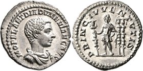 Diadumenian, as Caesar, 217-218. Denarius (Silver, 20 mm, 2.52 g, 12 h), Rome, summer 217-early 218. M OPEL ANT DIADVMENIAN CAES Bare-headed, draped a...