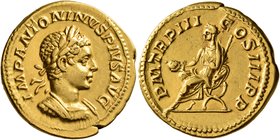 Elagabalus, 218-222. Aureus (Gold, 21 mm, 6.38 g, 7 h), Rome, 220. IMP ANTONINVS PIVS AVG Laureate and cuirassed bust of Elagabalus to right. Rev. P M...