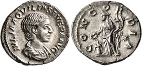 Aquilia Severa, Augusta, 220-221 & 221-222. Denarius (Silver, 19 mm, 3.28 g, 7 h), Rome. IVLIA AQVILIA SEVERA AVG Draped bust of Aquilia Severa to rig...