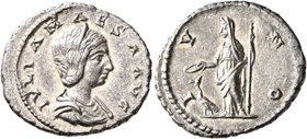 Julia Maesa, Augusta, 218-224/5. Denarius (Silver, 20 mm, 3.23 g, 1 h), Antiochia, 218-220. IVLIA MAESA AVG Draped bust of Julia Maesa to right, weari...
