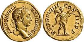 Severus Alexander, 222-235. Aureus (Gold, 20 mm, 6.00 g, 7 h), Rome, 230. IMP SEV ALEXAND AVG Laureate head of Severus Alexander to right, with slight...