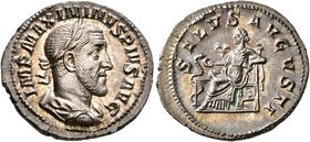 Maximinus I, 235-238. Denarius (Silver, 20 mm, 3.20 g, 7 h), Rome, 235-236. IMP MAXIMINVS PIVS AVG Laureate, draped and cuirassed bust of Maximinus I ...