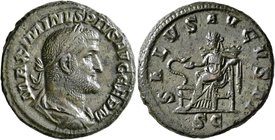 Maximinus I, 235-238. As (Copper, 25 mm, 10.23 g, 7 h), Rome, 236-237. MAXIMINVS PIVS AVG GERM Laureate, draped and cuirassed bust of Maximinus I to r...