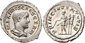 Maximus, Caesar, 235/6-238. Denarius (Silver, 22 mm, 3.00 g, 6 h), Rome, 236-238. MAXIMVS CAES GERM Bare-headed and draped bust of Maximus to right, s...