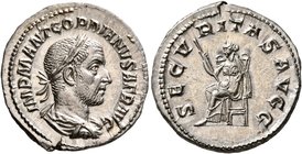 Gordian I, 238. Denarius (Silver, 20 mm, 3.15 g, 6 h), Rome, March-April 238. IMP M ANT GORDIANVS AFR AVG Laureate, draped and cuirassed bust of Gordi...