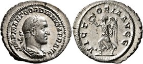 Gordian II, 238. Denarius (Silver, 21 mm, 3.45 g, 12 h), Rome, March-April 238. IMP M ANT GORDIANVS AFR AVG Laureate, draped and cuirassed bust of Gor...