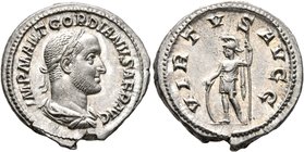 Gordian II, 238. Denarius (Silver, 19 mm, 3.38 g, 12 h), Rome, March-April 238. IMP M ANT GORDIANVS AFR AVG Laureate, draped and cuirassed bust of Gor...