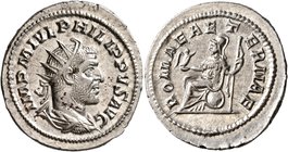 Philip I, 244-249. Antoninianus (Silver, 24 mm, 4.37 g, 6 h), Rome, 244-247. IMP M IVL PHILIPPVS AVG Radiate, draped and cuirassed bust of Philip I to...