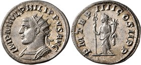 Philip I, 244-249. Antoninianus (Silver, 21 mm, 3.98 g, 12 h), Antiochia, 247. IMP M IVL PHILIPPVS AVG Radiate and cuirassed bust of Philip I to left....