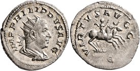 Philip I, 244-249. Antoninianus (Silver, 23 mm, 3.67 g, 1 h), Rome, 248. IMP PHILIPPVS AVG Radiate, draped and cuirassed bust of Philip I to right, se...