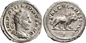 Philip I, 244-249. Antoninianus (Silver, 23 mm, 3.98 g, 1 h), Rome, 248. IMP PHILIPPVS AVG Radiate, draped and cuirassed bust of Philip I to right, se...