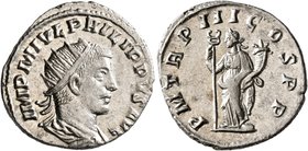 Philip II, 247-249. Antoninianus (Silver, 22 mm, 3.90 g, 6 h), Antiochia, 247. IMP M IVL PHILIPPVS AVG Radiate, draped and cuirassed bust of Philip II...