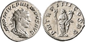 Philip II, 247-249. Antoninianus (Silver, 21 mm, 4.51 g, 6 h), Antiochia, 247. IMP M IVL PHILIPPVS AVG Radiate, draped and cuirassed bust of Philip II...