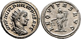 Philip II, 247-249. Antoninianus (Silver, 22 mm, 4.17 g, 1 h), Antiochia, 247. IMP M IVL PHILIPPVS AVG Radiate, draped and cuirassed bust of Philip II...