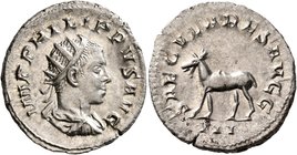 Philip II, 247-249. Antoninianus (Silver, 22 mm, 3.43 g, 1 h), Rome, 248. IMP PHILIPPVS AVG Radiate, draped and cuirassed bust of Philip II to right, ...