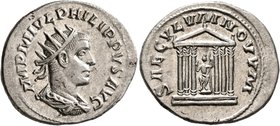 Philip II, 247-249. Antoninianus (Silver, 24 mm, 4.39 g, 1 h), Antiochia, 248. IMP M IVL PHILIPPVS AVG Laureate, draped and cuirassed bust of Philip I...