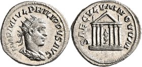 Philip II, 247-249. Antoninianus (Silver, 23 mm, 5.12 g, 7 h), Antiochia, 248. IMP M IVL PHILIPPVS AVG Laureate, draped and cuirassed bust of Philip I...