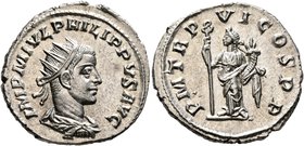 Philip II, 247-249. Antoninianus (Silver, 22 mm, 4.44 g, 7 h), Antiochia, 249. IMP M IVL PHILIPPVS AVG Radiate, draped and cuirassed bust of Philip II...