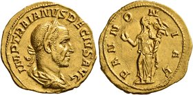 Trajan Decius, 249-251. Aureus (Gold, 20 mm, 4.21 g, 1 h), Rome, 249. IMP TRAIANVS DECIVS AVG Laureate, draped and cuirassed bust of Trajan Decius to ...
