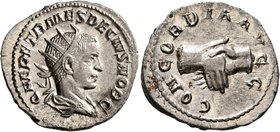 Herennius Etruscus, as Caesar, 249-251. Antoninianus (Silver, 22 mm, 4.20 g, 6 h), Rome, circa 250-251. Q HER ETR MES DECIVS NOB C Radiate and draped ...
