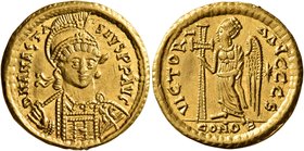 Anastasius I, 491-518. Solidus (Gold, 20 mm, 4.41 g, 6 h), Constantinopolis, circa 507-518. D N ANASTASIVS P P AVG Pearl-diademed, helmeted and cuiras...