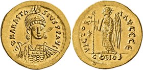 Anastasius I, 491-518. Solidus (Gold, 21 mm, 4.49 g, 7 h), Constantinopolis, circa 507-518. D N ANASTASIVS P P AVG Pearl-diademed, helmeted and cuiras...