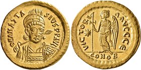 Anastasius I, 491-518. Solidus (Gold, 21 mm, 4.49 g, 6 h), Constantinopolis, circa 507-518. D N ANASTASIVS P P AVG Pearl-diademed, helmeted and cuiras...