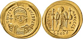 Justinian I, 527-565. Solidus (Gold, 21 mm, 4.46 g, 6 h), Constantinopolis, 545-565. D N IVSTINIANVS P P AVI Helmeted and cuirassed bust of Justinian ...