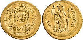 Justin II, 565-578. Solidus (Gold, 20 mm, 4.41 g, 6 h), Constantinopolis, 566/7-578. D N IVSTINVS P P AVI Helmeted and cuirassed bust of Justin II fac...