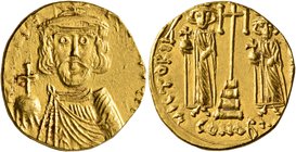 Constantine IV Pogonatus, with Heraclius and Tiberius, 668-685. Solidus (Gold, 18 mm, 3.69 g, 7 h), Syracuse, 674. δ N CONSTANTINЧS P P A Facing bust ...