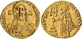 Justinian II, first reign, 685-695. Solidus (Gold, 19 mm, 4.42 g, 6 h), Constantinopolis, 692-695. IҺS CRISTOS RЄX RЄTNANTI ЧM Draped bust of Christ f...