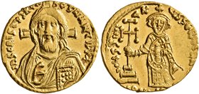Justinian II, first reign, 685-695. Solidus (Gold, 19 mm, 4.43 g, 7 h), Constantinopolis, 692-695. IҺS CRISTOS RЄX RЄTNANTIЧM Draped bust of Christ fa...