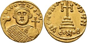 Leontius, 695-698. Solidus (Gold, 19 mm, 4.47 g, 6 h), Constantinopolis. D LЄON PЄ AV Bearded bust of Leontius facing, wearing crown and loros, holdin...