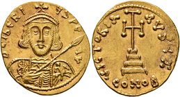 Tiberius III (Apsimar), 698-705. Solidus (Gold, 21 mm, 4.41 g, 7 h), Constantinopolis. D tIbЄRIЧS PЄ AV Draped and cuirassed bust of Tiberius III faci...