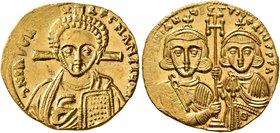 Justinian II, second reign, 705-711. Solidus (Gold, 20 mm, 4.47 g, 6 h), Constantinopolis. δ N IҺS CҺ[S RЄX] RЄGNANTIЧM Draped bust of Christ facing, ...